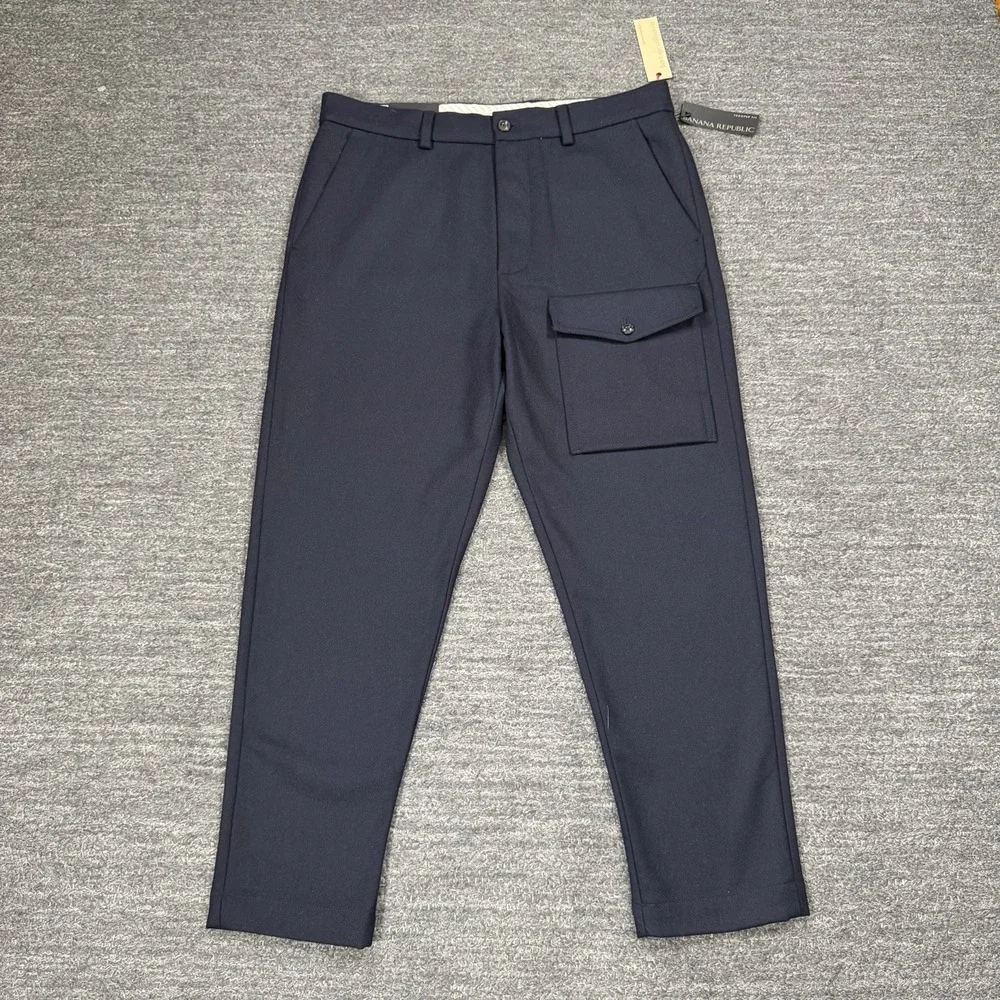 Banana Republic Trooper Fit Pants Men 34X32 Blue Wool Relaxed Crop Taper Relaxed